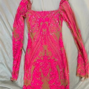Lucy in the Sky Vibrant Pink and Tan Long Sleeve Dress